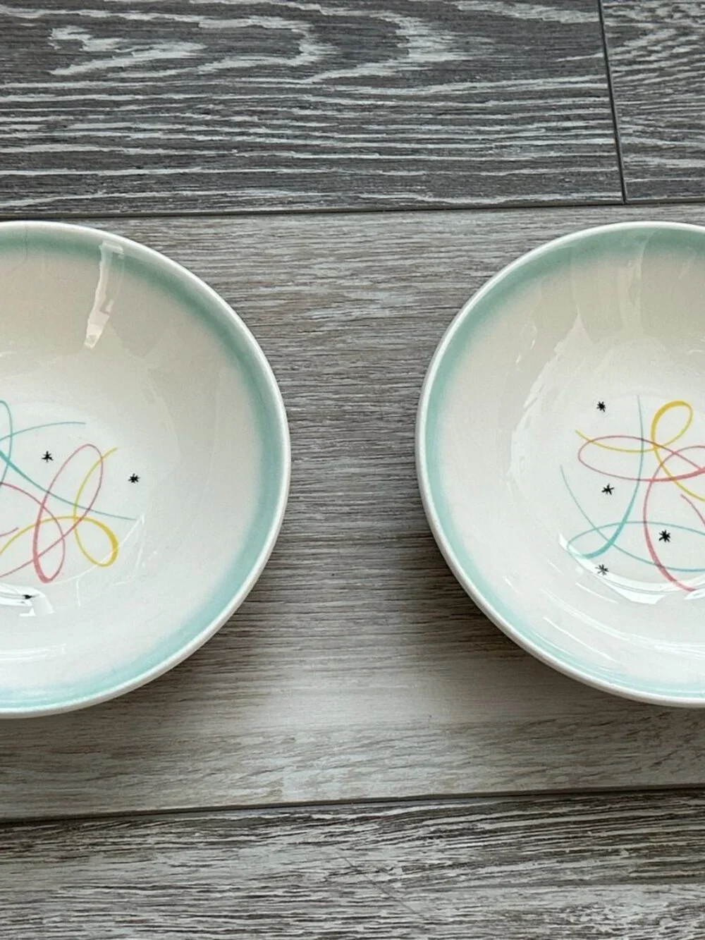 Vintage Atomic Starburst MCM Bowls w Turquoise Rim Snacks Cereal W.S. George (?)